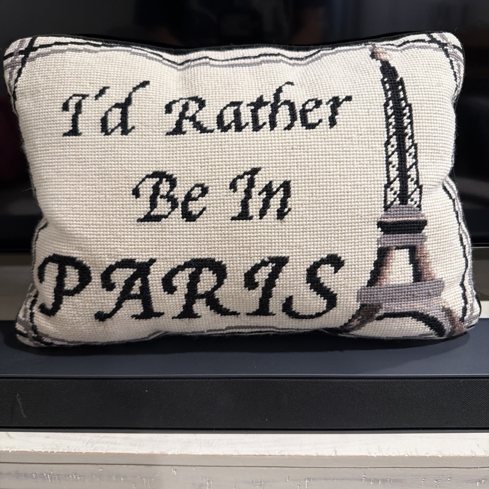 Contemporary Black & Off White I'd Rather Be in Paris Needlepoint Pillow 12"x15"